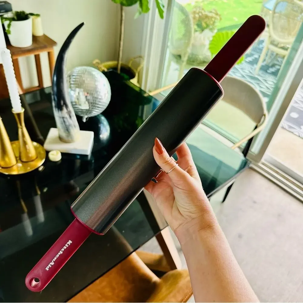 NEW KITCHENAID Red Burgundy Silver Steel Rolling Pin Wide Barrel Kitchen Tool
